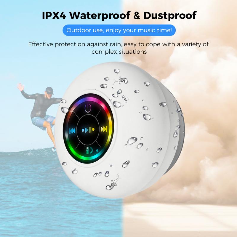 Mini Bluetooth Shower Speaker with LED light, White,Portable IPX4 Waterproof, Hands-Free Speakerphone, Rechargeable Using Micro USB, Wireless Stereo for Beach, Shower & Home,Car