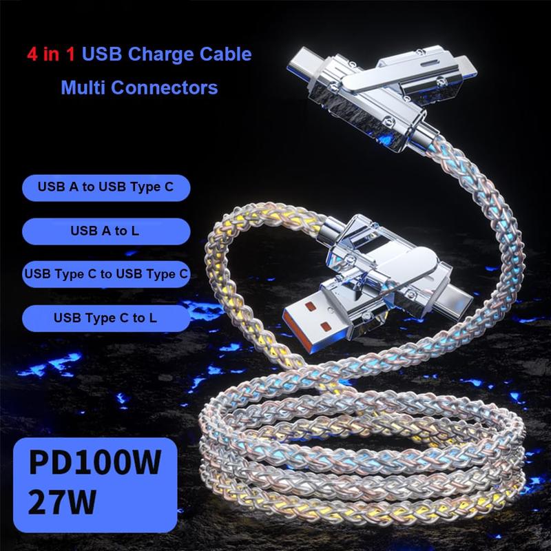 PD 100W 27W 4-in-1 USB C to C Fast Charger Cable, 2 to 2 Charging Adapter Cable with Colorful Streamer Effect for Phone & Tablet, Phone Charging Accessories