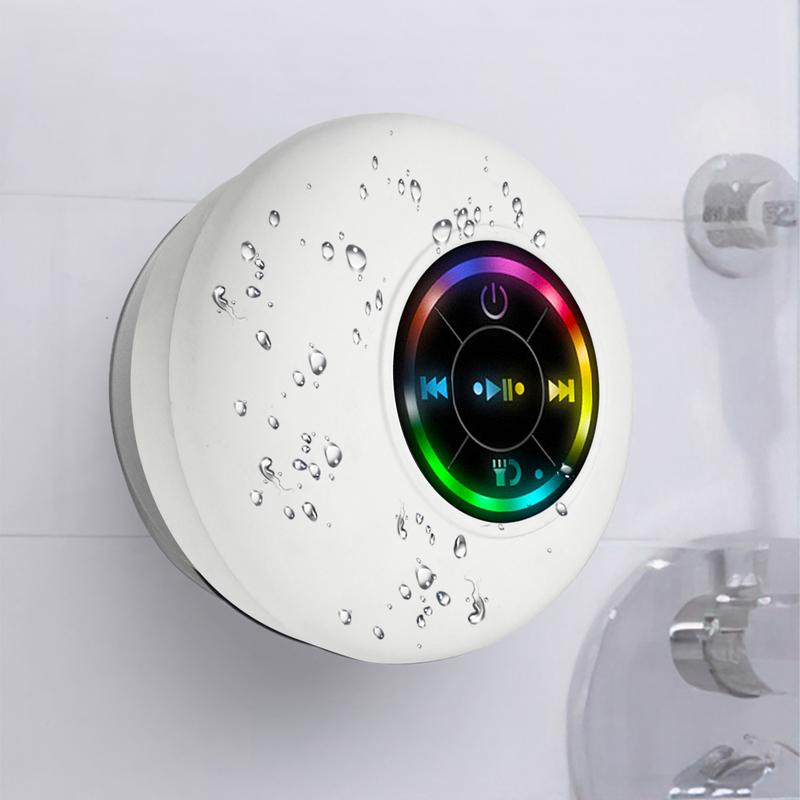 Mini Bluetooth Shower Speaker with LED light, White,Portable IPX4 Waterproof, Hands-Free Speakerphone, Rechargeable Using Micro USB, Wireless Stereo for Beach, Shower & Home,Car