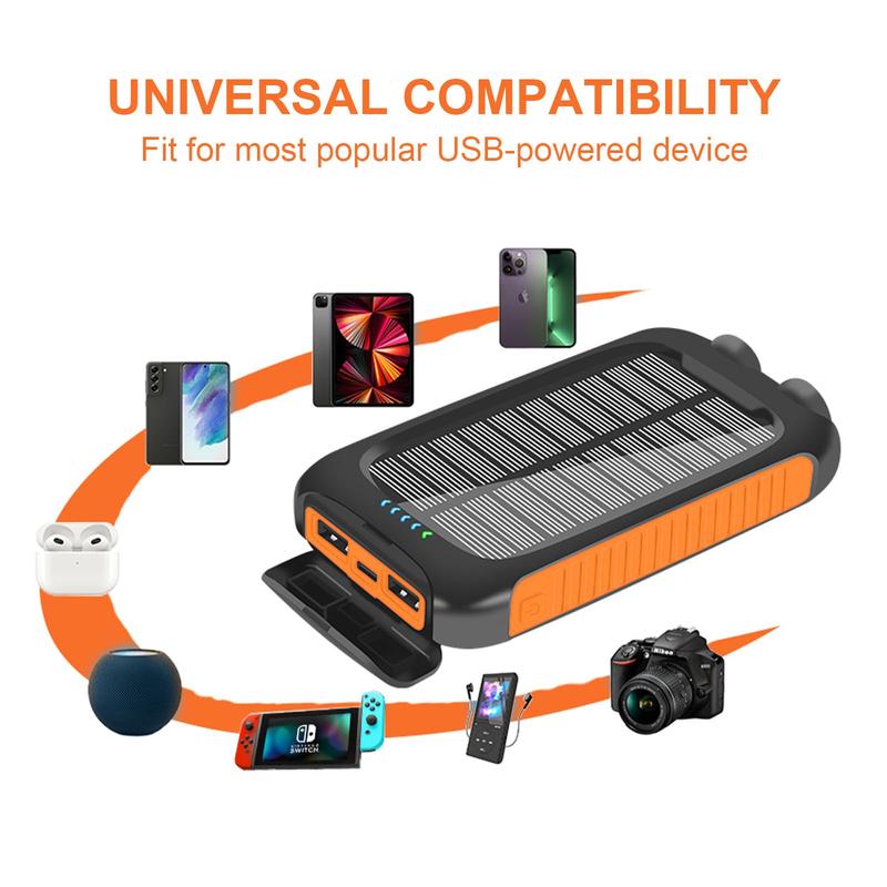 10000mAh Power-Bank-Solar-Charger, Portable Charger, External Battery Pack 5V 3A Type C Input Output Dual Built-in Super Bright Flashlight, Carabiner, Solar Panel Charging solar power outdoor  power Phone Thin Smartphone Chargeable Usb