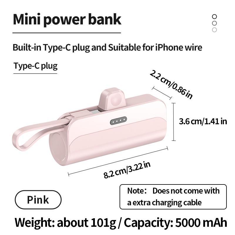 5000mAh Portable Mini Power Bank, Mini Capsule Power Bank with Built-in Cable, Portable Charger for iPhone & Android, Emergency Backup Power Bank