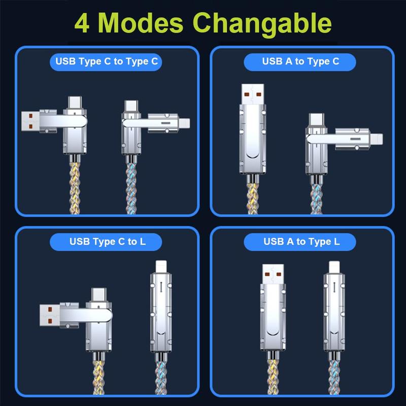 PD 100W 27W 4-in-1 USB C to C Fast Charger Cable, 2 to 2 Charging Adapter Cable with Colorful Streamer Effect for Phone & Tablet, Phone Charging Accessories