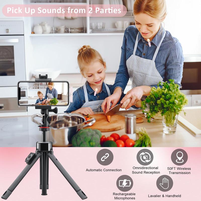 2pcs Lavalier Wireless Pink Microphone for iPhone iPad, Wireless Microphone for Video Recording, Live Streaming, Interviews, Clip on Shirt