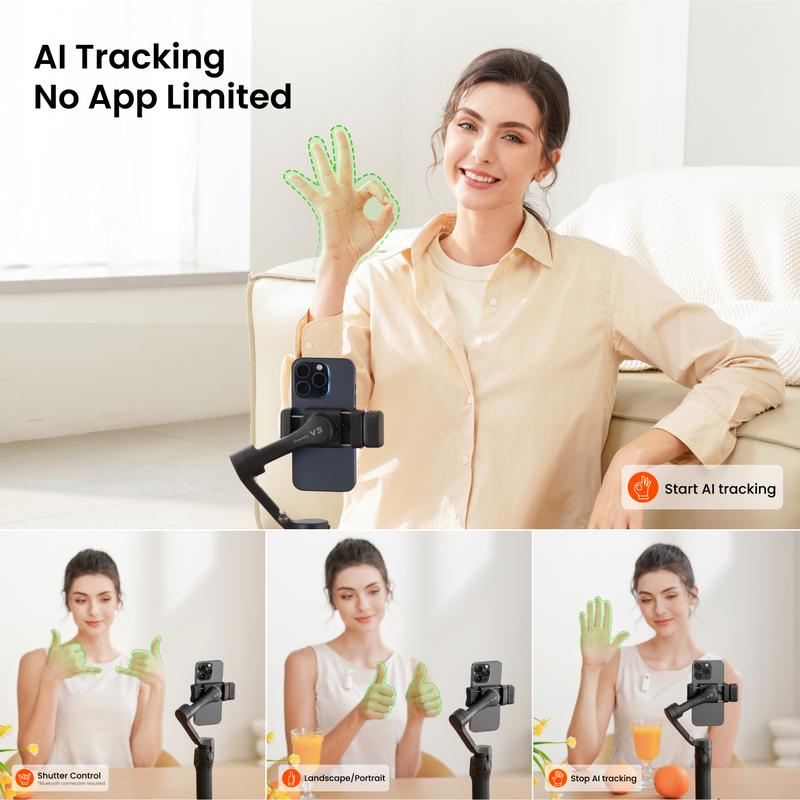 Hohem iSteady V3 Gimbal Stabilizer for SmartiPhone, 3-Axis Phone Gimbal, Magnetic AI Tracker, Built-in Extendable Rod & Tripod, Detachable Remote Control, Foldable & Portable, AI tracking Phone Accessories Cellphone Smartphone for Travel, Vlog, TikTok