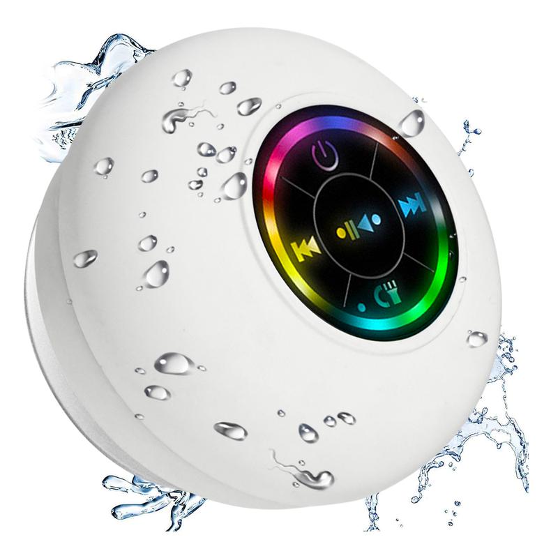 Mini Bluetooth Shower Speaker with LED light, White,Portable IPX4 Waterproof, Hands-Free Speakerphone, Rechargeable Using Micro USB, Wireless Stereo for Beach, Shower & Home,Car