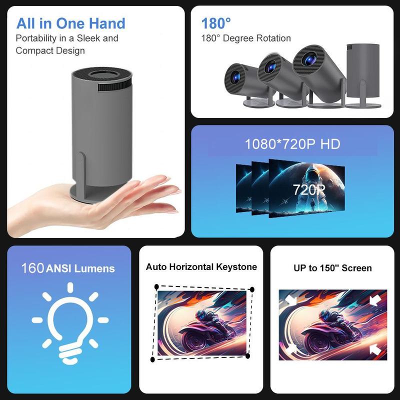 RNABAU Portable Mini Projector, 1080P 280 ANSI WiFi 6 BT 5.0 Intelligent Projector, 180 Degree Rotation Projector with Built-in Android 11.0 Operate System for Home