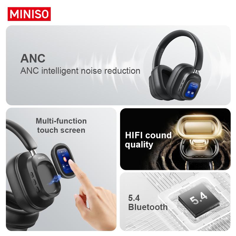 MINISO G90 Wireless Headphones with Built-in Microphone ANC Noise Cancellation Touch Screen Headset HIFI Stereo Full-Color Display Multifunctional Earbuds Foldable Gaming Headset for Phones,Computers, MP3