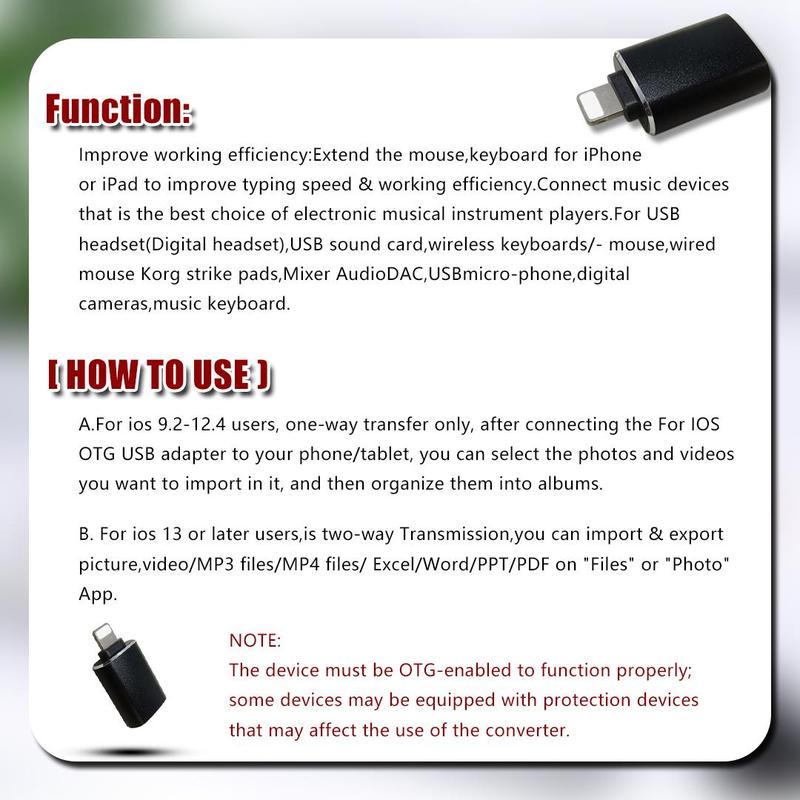 USB OTG Adapter, High Speed Data Transfer for iPhone iPad, Compact Portable Adapter for Watch Movies and Documents Anytime and Anywhere