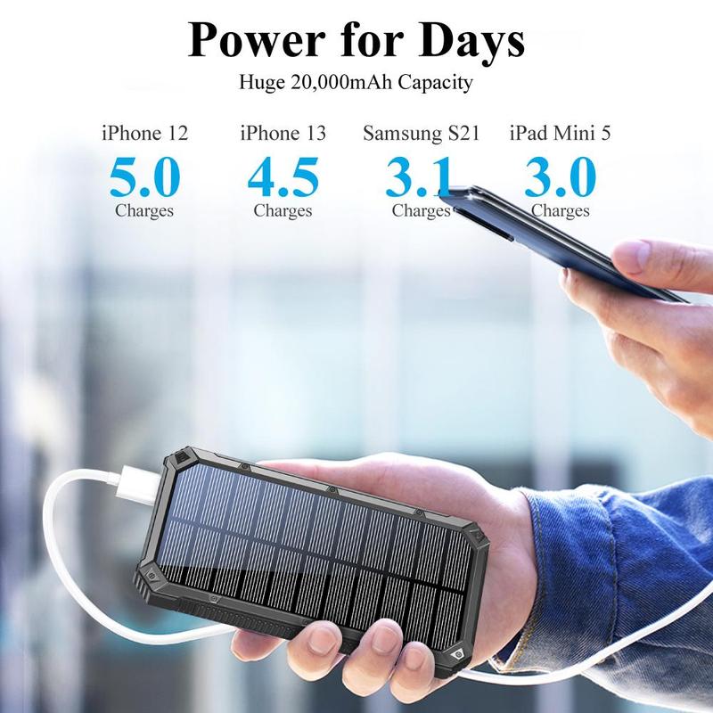 Solar Powered Power Bank, 20000mAh Portable Charger with Flashlight, Built-in Solar Panel and Bright Flashlight, Suitable for Outdoor Camping Party Sports