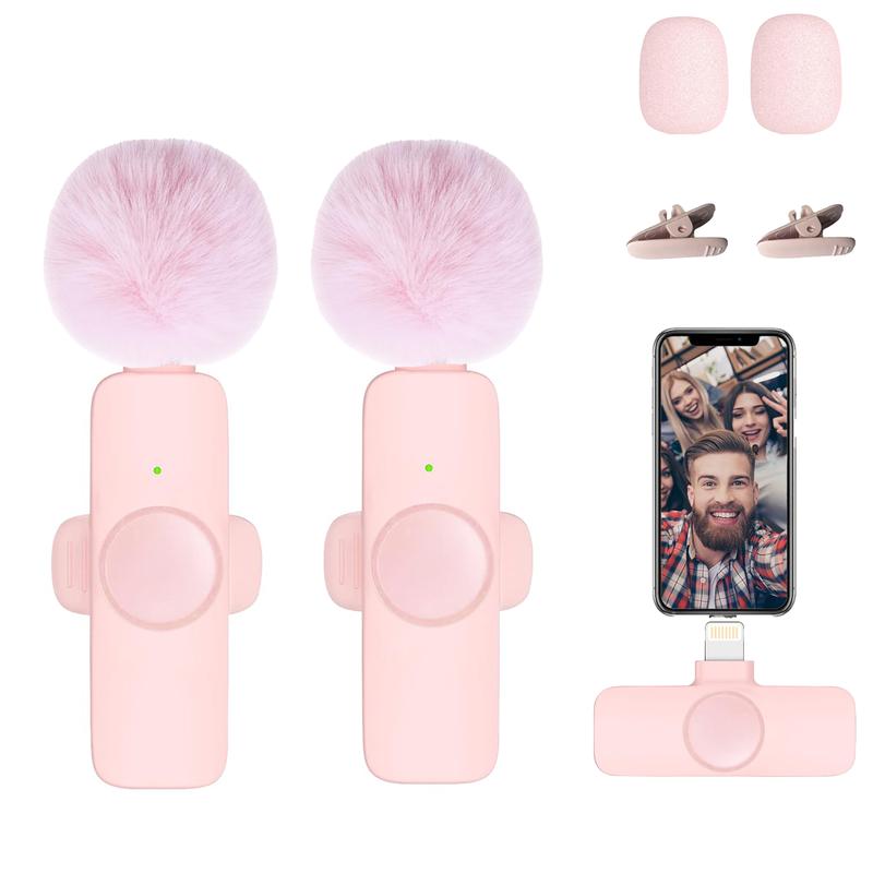 2pcs Lavalier Wireless Pink Microphone for iPhone iPad, Wireless Microphone for Video Recording, Live Streaming, Interviews, Clip on Shirt