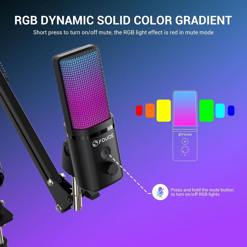 FDUCE Gaming USB Microphone, RGB Condenser mic with Mute, Gain, Monitoring, Boom Arm for Streaming, Podcast, Twitch, YouTube, PC, Computer, PS5, (M160+)