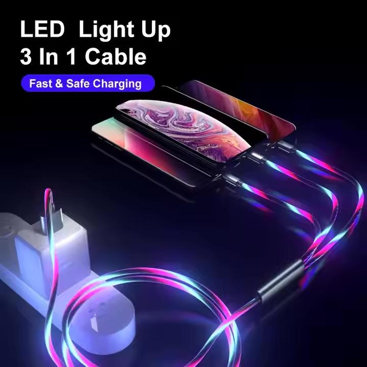 3 in 1  Charging Cable,  Glowing LED Light Charging Cable Compatible with: iPhone - Type C - Micro USB C, Charges: iPhone, iphone 17 charger ,iPad, Samsung Galaxy, Xperia, Android Smartphones Electronic Cellphone Electronic Cellphone