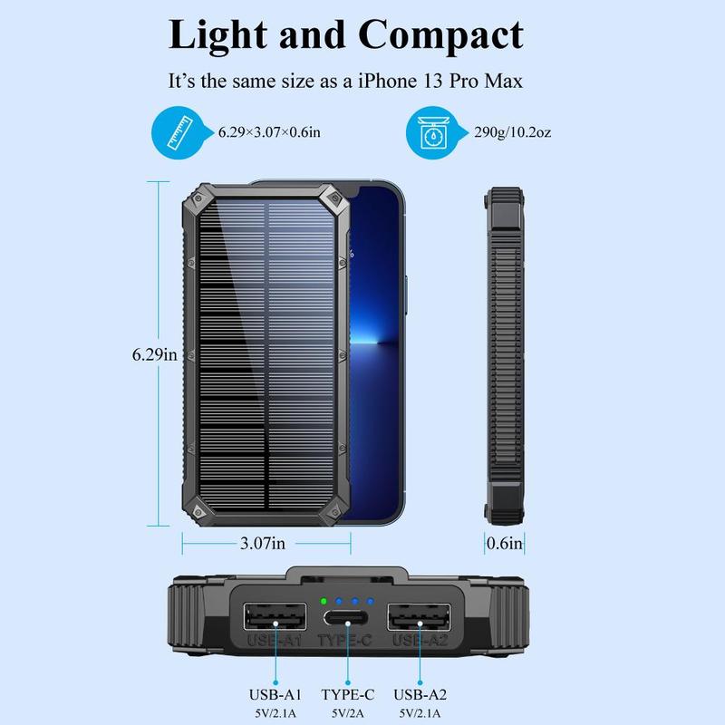 Solar Powered Power Bank, 20000mAh Portable Charger with Flashlight, Built-in Solar Panel and Bright Flashlight, Suitable for Outdoor Camping Party Sports