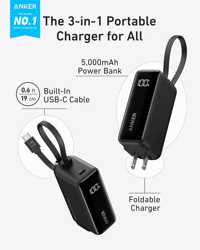 [Live Only] Anker 3in1 Power Bank,  5,000mAh Portable Charger with Built-in Cable and Foldable AC Plug, 30W Max Compact Battery Pack, for iPhone 15 Series, Galaxy, MacBook and More Charging Devices Accessories