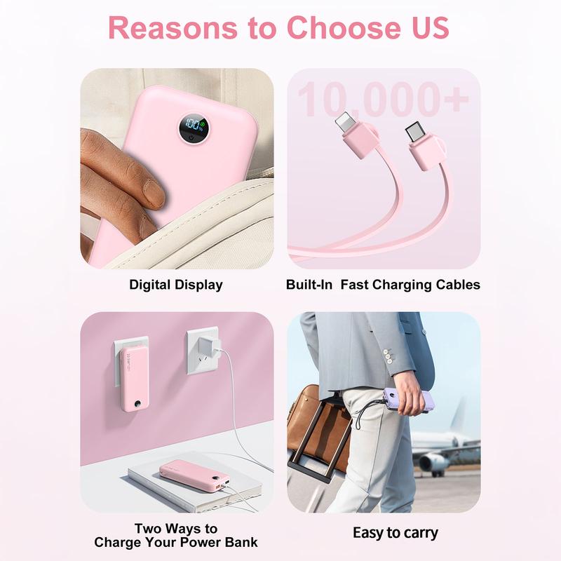 12,000mAh Portable Charger Large Capacity Wall Plug Power Bank with Built-in Cable & Foldable AC Plug, 22.5W Max Fast Charger for iPhone 15 Series, Galaxy, Android Phones ,or all  Smartphones, mobile devices& More Accessories