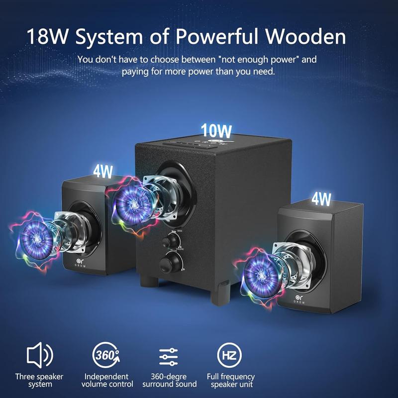 Orow Bluetooth Computer Speakers With Subwoofer, Front Knob 18W Wireless PC Speakers, Support SD & USB & Aux & Bluetooth Play, Great For Party Game TV (S213)