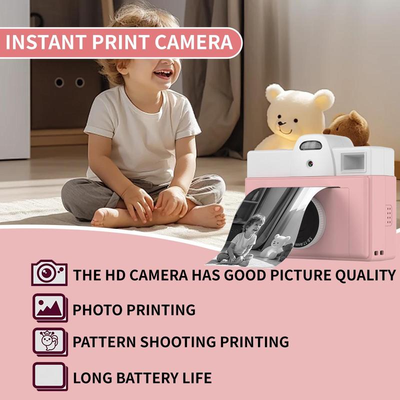 Instant Camera, Rechargeable Digital Camera with 3 Thermal Printing Paper & 3 Self-adhesive Printing Paper & 32G Storage Card, Selfie Toy Camera for Girls & Boys