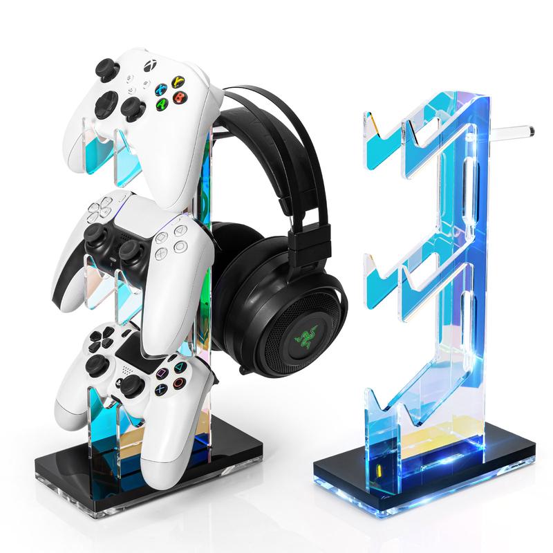 OAPRIRE Controller Holder Headset Stand with Lights, 3 Tier Acrylic Gaming Controller Stand for PS4, PS5, PC, SWITCH, Universal Design