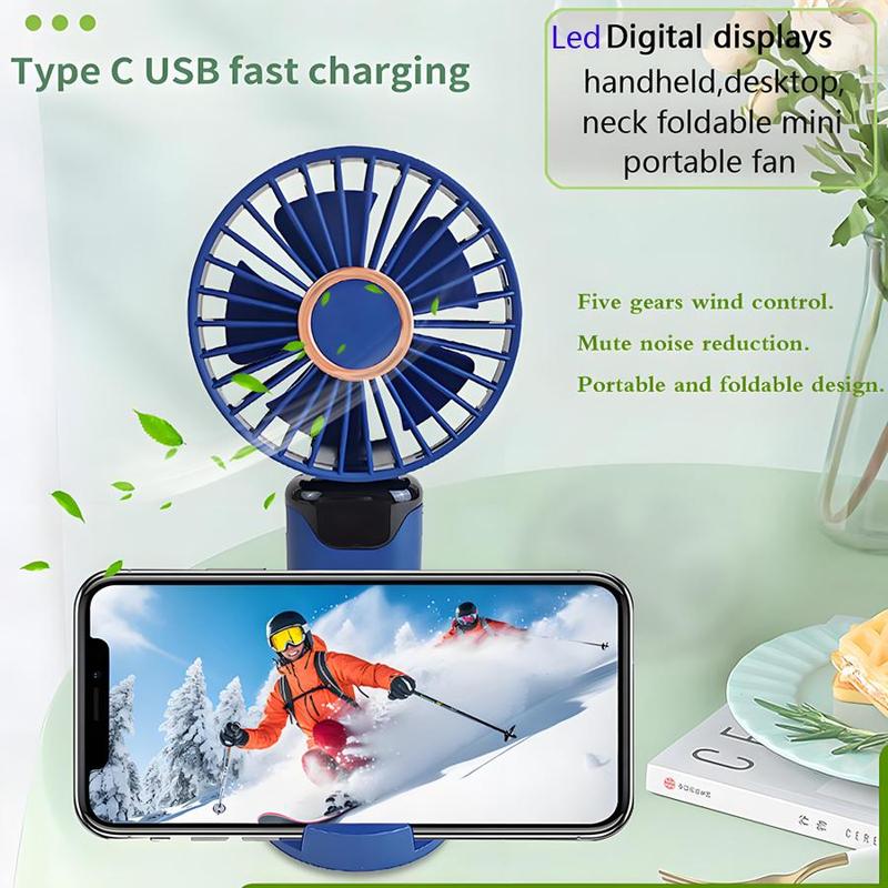 Portable Fan with Base, 1 Count USB Rechargeable Fan with Digital Display, Foldable Fan for Home Office Outdoor Travel