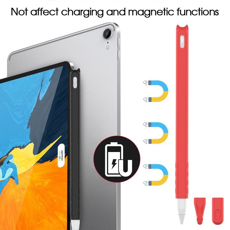 Silicone Capacitive Pen Case with 2 Pen Cap, Cute Cat Ear Design Soft Protective Cover, Tablet Accessories for Apple Pencil 2