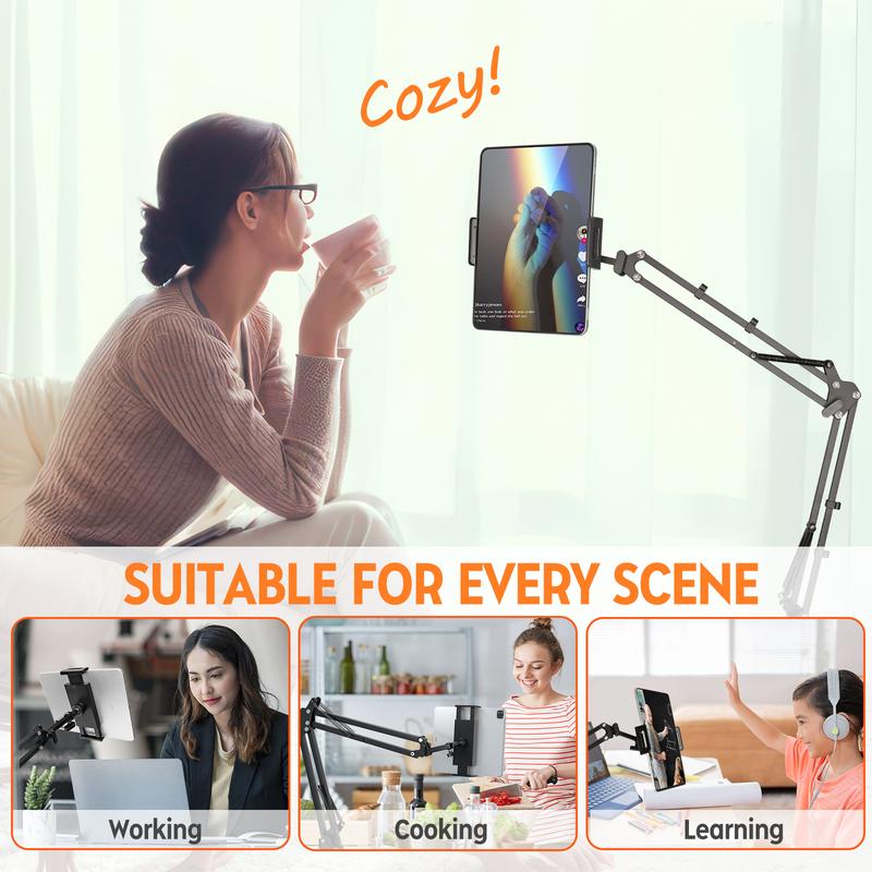 Bed Tablet Holder, Lazy Stand,Bracket,Stable Adjustable 360 Degree Rotation Foldable tablet Arm for Bed with 4 Cord Clips, Lazy Bracket for iPad iPhone Kindle M-Switch, or Other 4.5-12.9