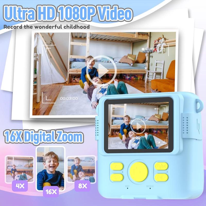 Camera Instant Print, Christmas Birthday Gifts for  Age 3-12, Selfie Digital Camera with 1080P Videos,Toddler Portable Travel Camera Toy for 4 5 6 7 8 9 Year Old Boys