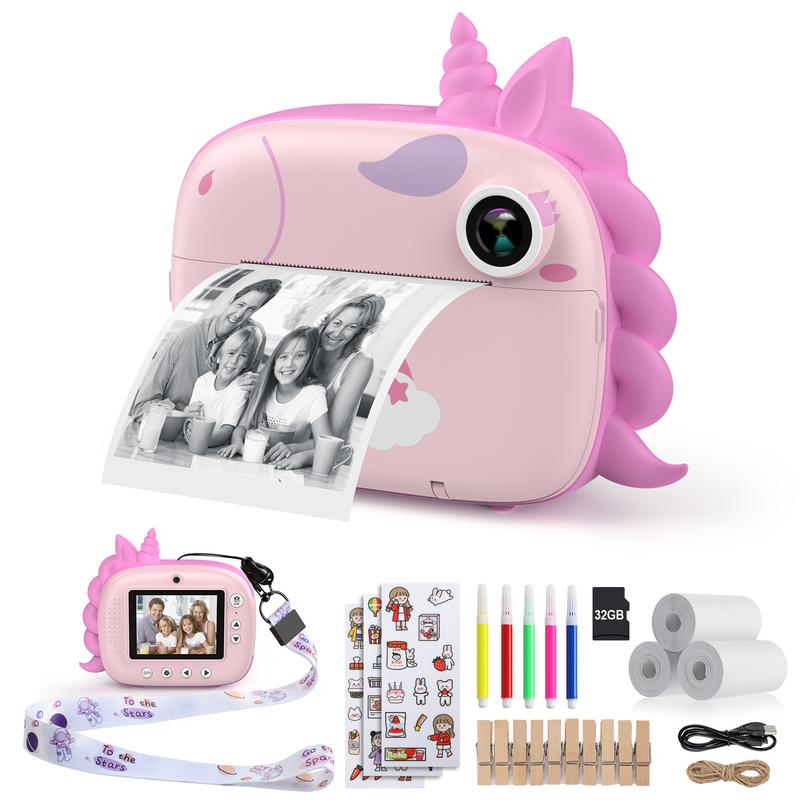 HiMont Kids Camera Instant Print, Digital Camera for Kids with Print Paper & 32G TF Card, Selfie Video Camera with Color Pens & Photo Clips for DIY, Gift for Girls Boys 4-12 Years Old 1080p