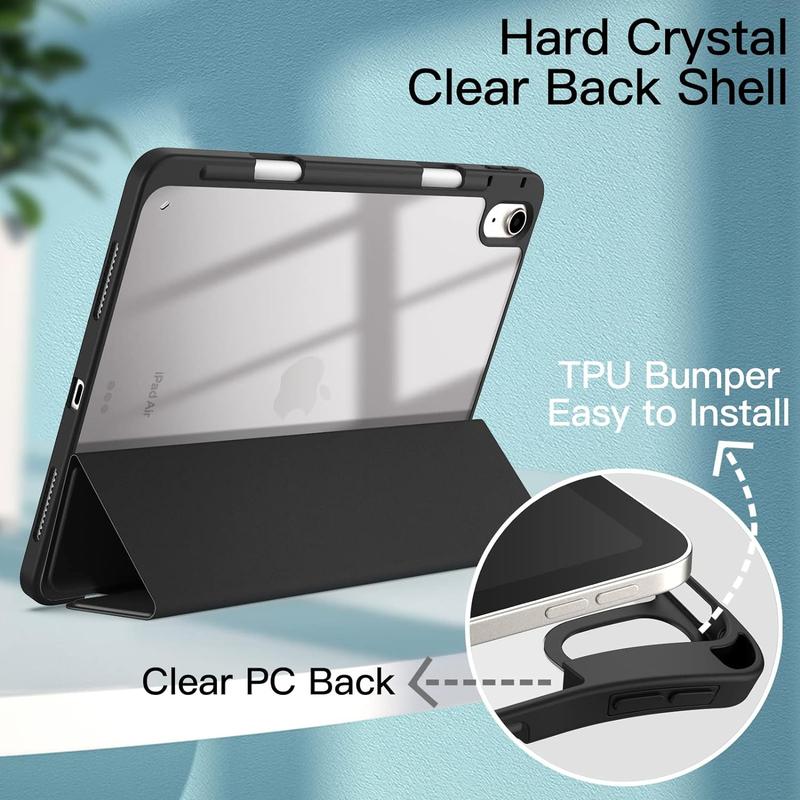 Case for iPad Air 11-Inch M2 (), iPad Air 5 4 (  5th 4th 10.9-Inch) with Pencil Holder, Clear Transparent Back Slim Stand Shockproof Tablet Cover, Auto Wake Sleep (Black)