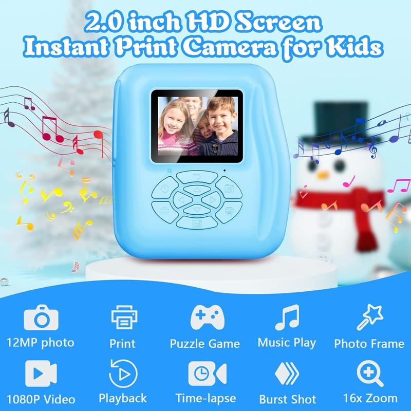 Instant Print Camera for  1080P Digital Camera, Selfie Video Phone Connected Ideal Gift Boys Girls 3-12 with 32G TF Card, Toys Gifts for Girls Boys Christmas Birthday Holiday (Blue)