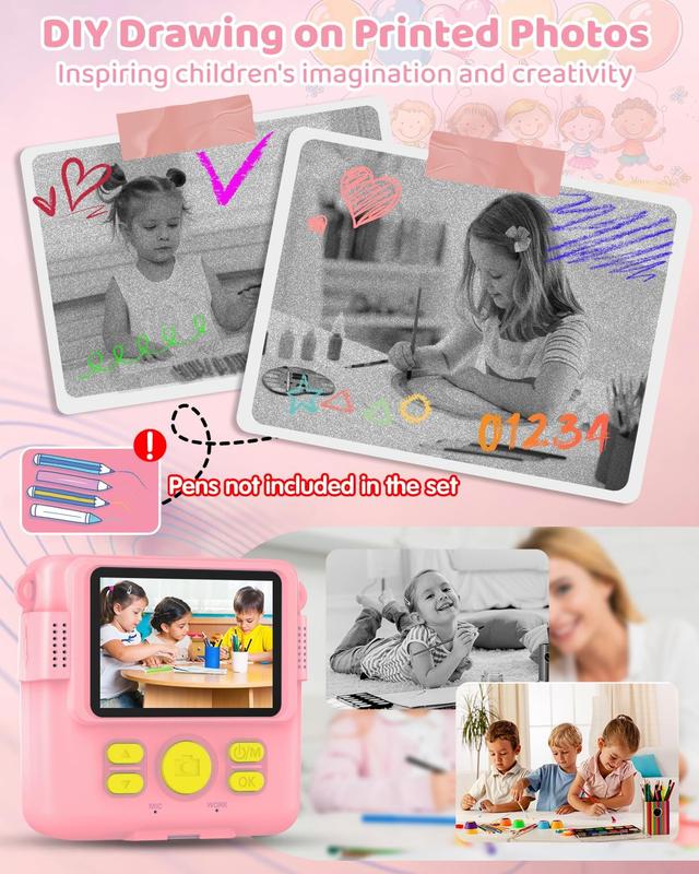 Instant Print Camera for  with 3 Rolls of Printer Paper, 1080P Toddler Digital Camera Toys for Age 3-12 with 32GB SD Card, Christmas & Birthday Gifts for 3 4 5 6 7 8 Year Old Girls & Boys (Pink)