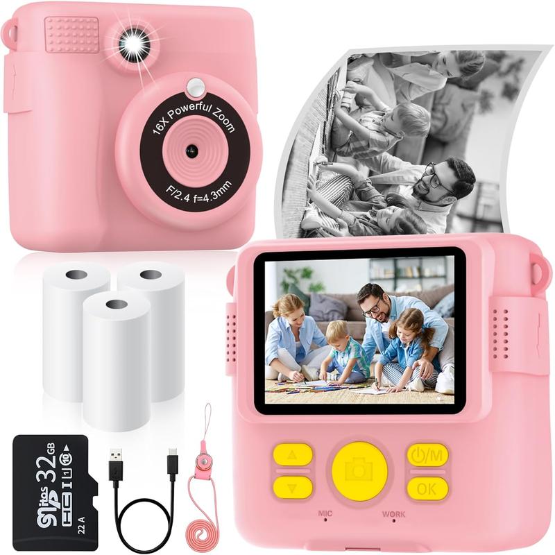 Instant Print Camera for  with 3 Rolls of Printer Paper, 1080P Toddler Digital Camera Toys for Age 3-12 with 32GB SD Card, Christmas & Birthday Gifts for 3 4 5 6 7 8 Year Old Girls & Boys (Pink)