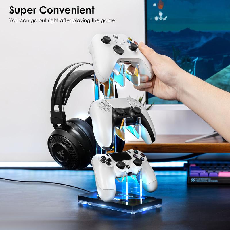 OAPRIRE Controller Holder Headset Stand with Lights, 3 Tier Acrylic Gaming Controller Stand for PS4, PS5, PC, SWITCH, Universal Design