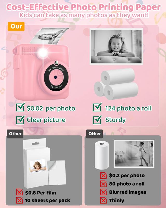 Instant Print Camera for  with 3 Rolls of Printer Paper, 1080P Toddler Digital Camera Toys for Age 3-12 with 32GB SD Card, Christmas & Birthday Gifts for 3 4 5 6 7 8 Year Old Girls & Boys (Pink)