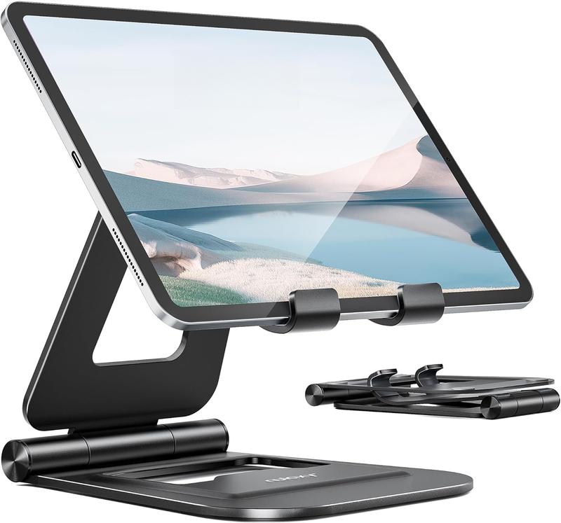 Aluminum Dual Foldable iPad Stand, Fully Adjustable Desktop Tablet Holder, iPad Accessories for Office Kindle Compatible with Mobile Devices iPad Pro Air Mini,  Pro Max Plus, Black