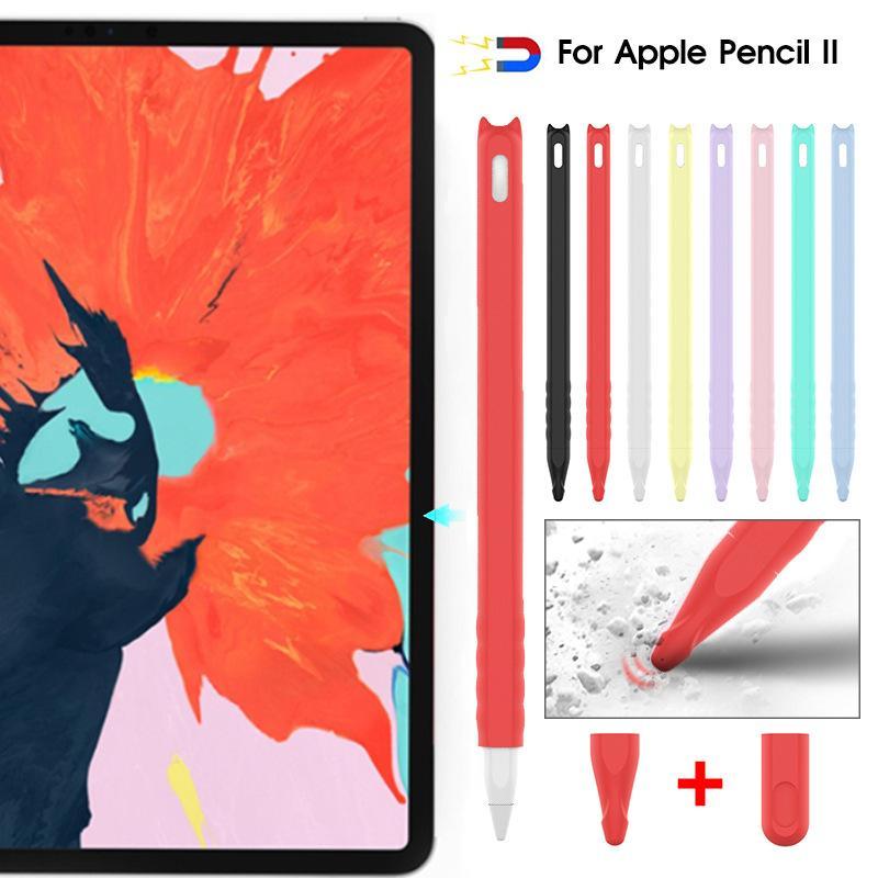 Silicone Capacitive Pen Case with 2 Pen Cap, Cute Cat Ear Design Soft Protective Cover, Tablet Accessories for Apple Pencil 2
