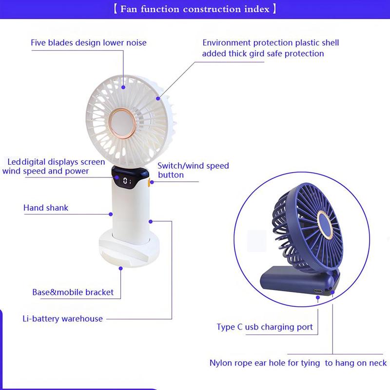 Portable Fan with Base, 1 Count USB Rechargeable Fan with Digital Display, Foldable Fan for Home Office Outdoor Travel