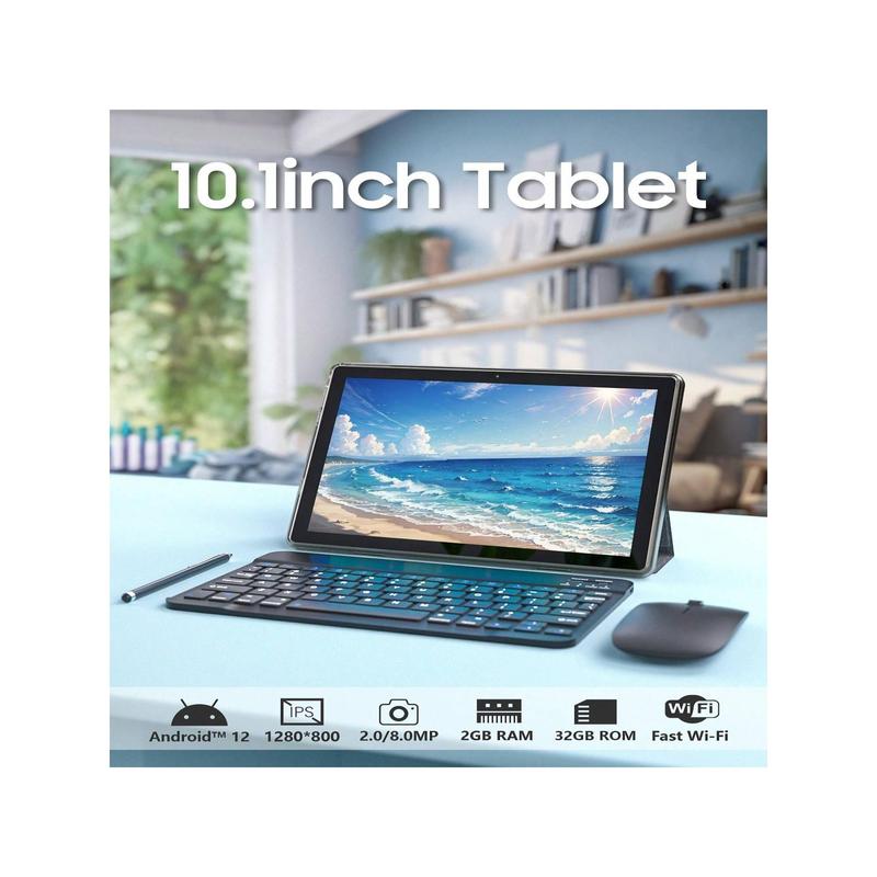 10.1 Inch Android 12 Tablet, 2 In 1 Tablets With Keyboard  Mouse  Case  Stylus, 2GB RAM+32GB ROM (Max 512GB), 1.8Ghz Quad-Core Processor Tablet, 1280*800 IPS HD Tablet PC, 8MP Dual Camera 6000mAh Battery Tablet