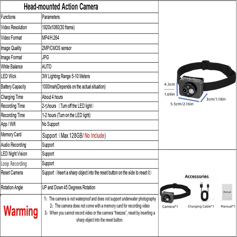 2K Head Mounted Action Camera, Outdoor Sports Camera, Wearable Sports DV with High Brightness LED Light, Video Recorder with LED Night Vision Sensor