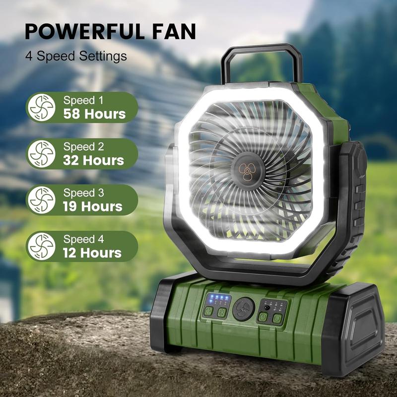 20000mAH Camping Fan Battery Operated Powered Fan with LED Lantern Light Rechargeable Portable Fan, Oscillating Fan with 270° Rotation Hanging Hook for Tents, Cordless USB Desk Fan，Power Bank(Orange)