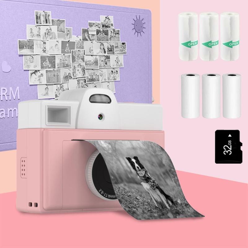 Instant Camera, Rechargeable Digital Camera with 3 Thermal Printing Paper & 3 Self-adhesive Printing Paper & 32G Storage Card, Selfie Toy Camera for Girls & Boys