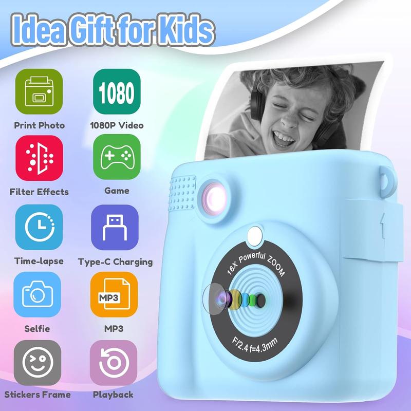 Camera Instant Print, Christmas Birthday Gifts for   3-12, Selfie Digital Camera with 1080P Videos, Portable Travel Camera  for 4 5 6 7 8 9 Year Old Boys