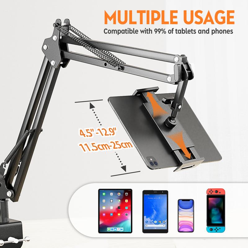 Bed Tablet Holder, Lazy Stand,Bracket,Stable Adjustable 360 Degree Rotation Foldable tablet Arm for Bed with 4 Cord Clips, Lazy Bracket for iPad iPhone Kindle M-Switch, or Other 4.5-12.9