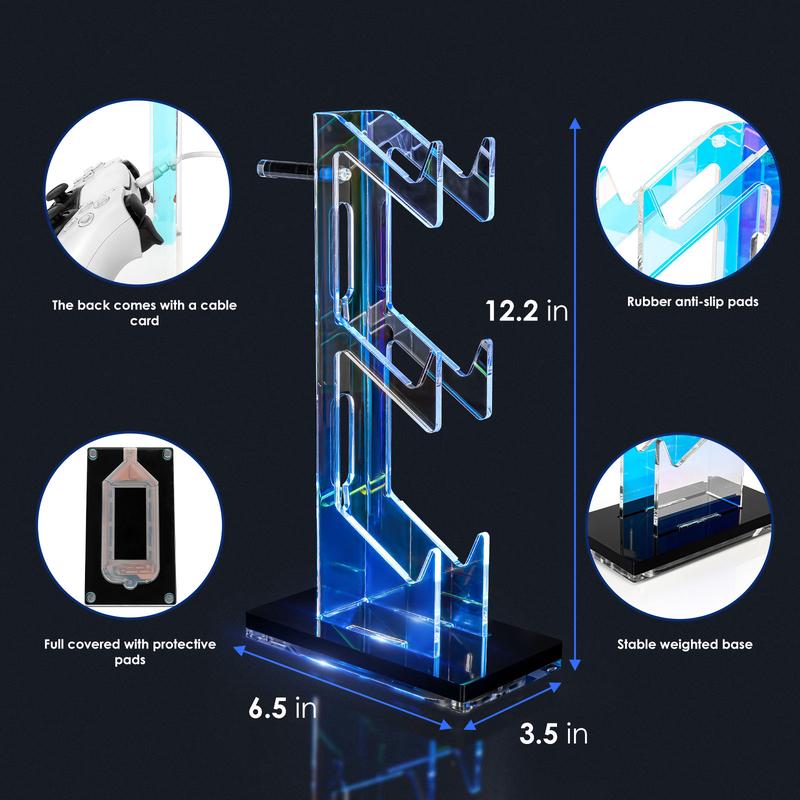 OAPRIRE Controller Holder Headset Stand with Lights, 3 Tier Acrylic Gaming Controller Stand for PS4, PS5, PC, SWITCH, Universal Design