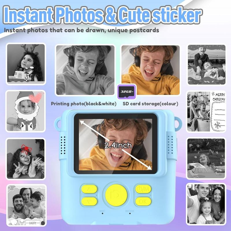 Camera Instant Print, Christmas Birthday Gifts for  Age 3-12, Selfie Digital Camera with 1080P Videos,Toddler Portable Travel Camera Toy for 4 5 6 7 8 9 Year Old Boys