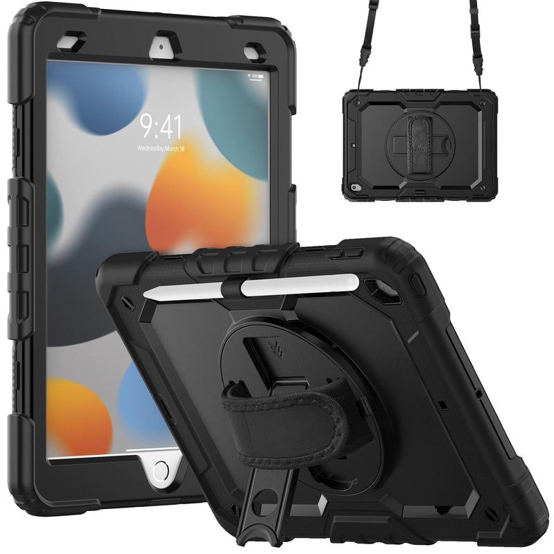 Tablet Case, 1 Count Shockproof Tablet Case with Screen Protector & Hand Strap & Shoulder Strap, Rotating Stand Tablet Cover for iPad 9th  8th  7th Generation