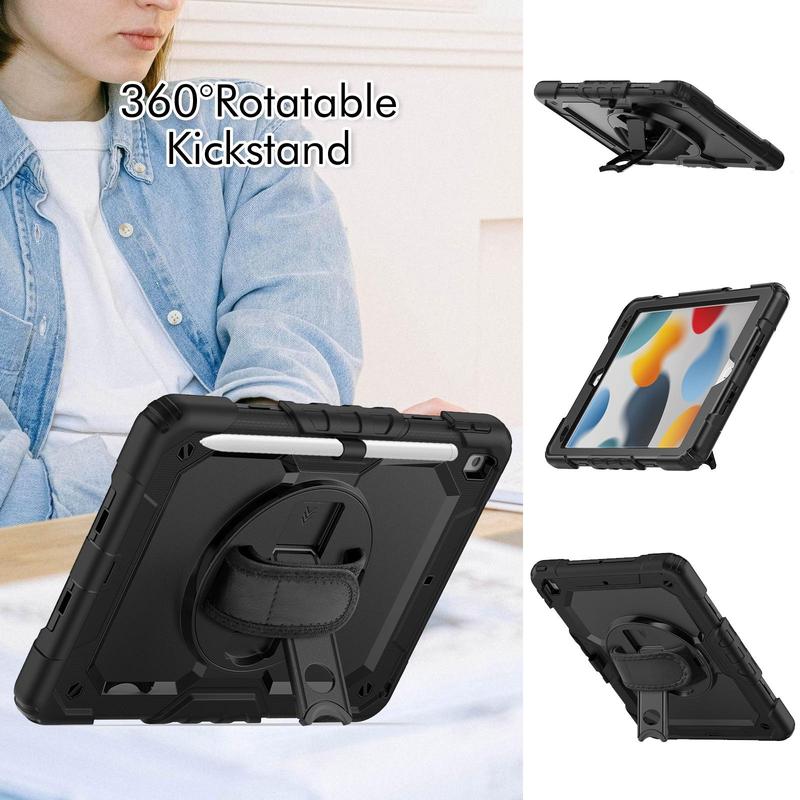 Tablet Case, 1 Count Shockproof Tablet Case with Screen Protector & Hand Strap & Shoulder Strap, Rotating Stand Tablet Cover for iPad 9th  8th  7th Generation