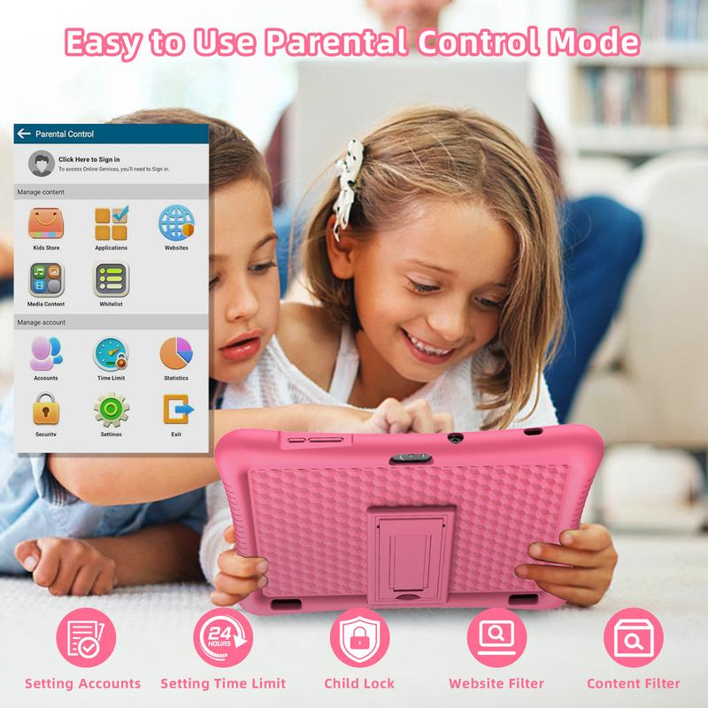 Kids Tablet 10.1 Inch Andriod 13 Toddler Tablet for Kids 3-12 Tablets with Octa-Core,10+64GB,HD Screen,6000mAh,WiFi2.4G,Bluetoot5.0,Kid-Proof Case,Google Play Store(Pink)  Parental  12 Eye Care Educational Android Tablet with Parental Lock