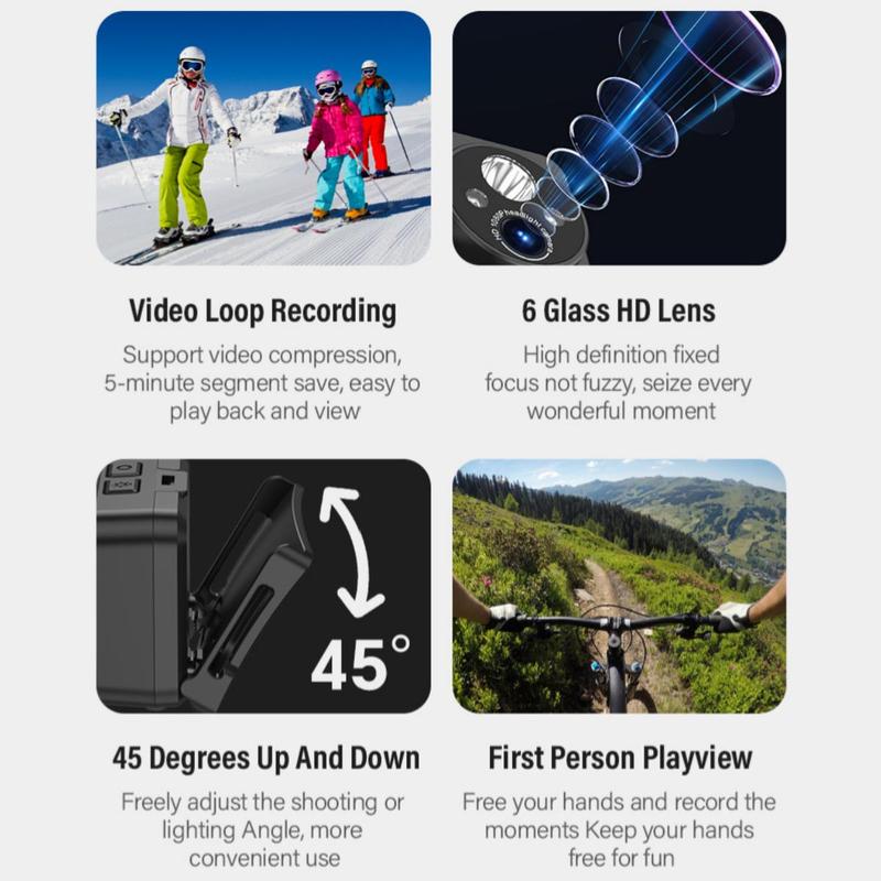 2K Head Mounted Action Camera, Outdoor Sports Camera, Wearable Sports DV with High Brightness LED Light, Video Recorder with LED Night Vision Sensor