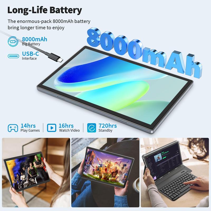 Tablet 10.1 inch, Android 12 Octa-Core 16GB+ 128GB R0M 1280*800 IPS Display 8000mAh Tablets, 5G WiFi,  Bluetooth, 8 in 1 Tablet with Keyboard, Mouse, Case, Stylus