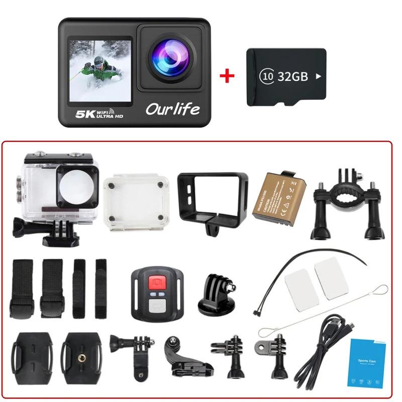 Action Camera 5K 4K60FPS EIS WiFi 170D 2.0 ''Touch Screen 30M Waterproof 5X Zoom Sport Camera With Remote Control & 32GB Card